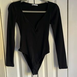 Zara V Neck Micro Ribbed Bodysuit Black Sz S Plunge